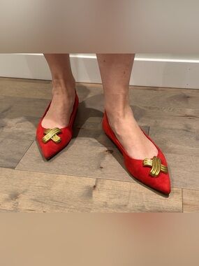 Mango Red Suede Pointed-Toe Flats with Gold Knot Accent